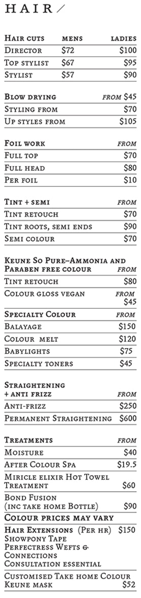Prices - Kabuki Hair - Adelaide's leading boutique salon