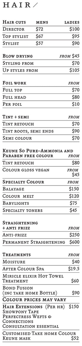 Prices - Kabuki Hair - Adelaide's leading boutique salon Prices - Kabuki Hair - Adelaide's leading boutique salon